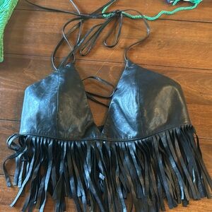 Lamarque- Black leather Fringe top- Size M